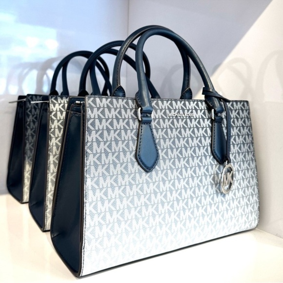 Michael Kors Sheila Medium Ombré Signature Logo Satchel Bag Navy Blue Multi - Picture 4 of 9